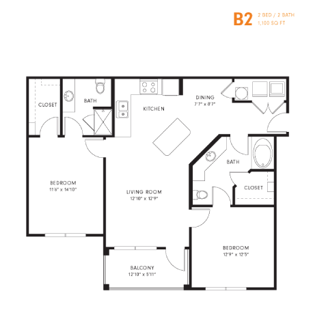 A black and white image of a floor plan for a B2 apartment.
